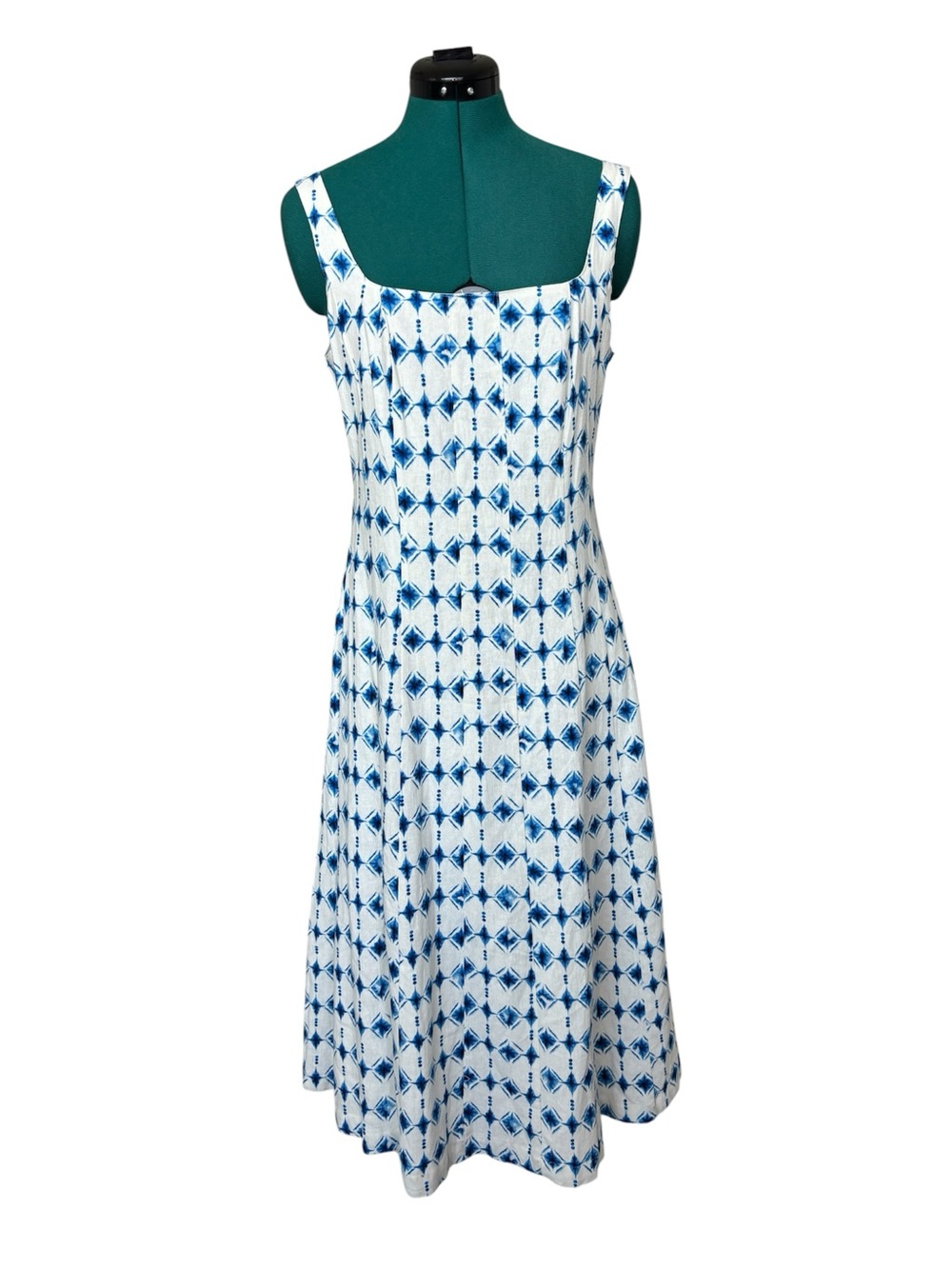 Christian Lacroix White & Blue Fit & Flare A-Line Linen Sleeveless Midi Dress